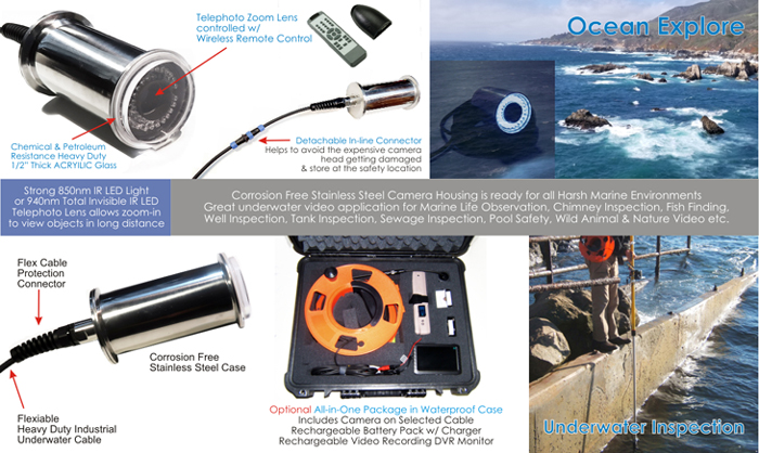 remote control telephote zoom underwater camera with built-in IR LED light